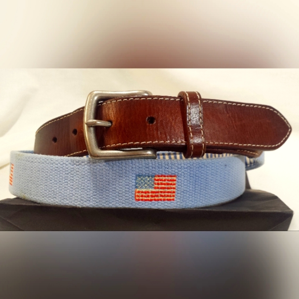Flag Belt size 42 JT Read & Co Made in USA Excellent cond leather needlepoint